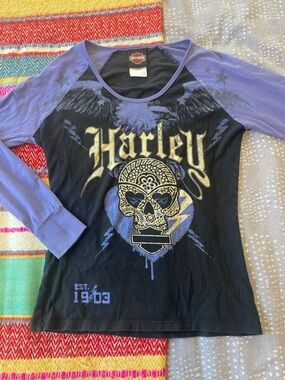 Harley-Davidson women’s Black & Purple Skull Raglan Tee Y2K style